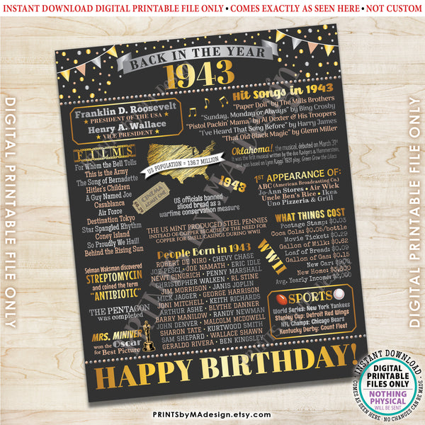 Back in the Year 1943 Birthday Sign, Flashback to 1943 Poster Board, ‘43 B-day Gift, Bday Decoration, PRINTABLE 16x20” Sign, Instant Download Digital Printable File