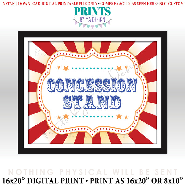 Carnival Party Concession Stand Sign, Concessions Carnival Sign, Circus Food, Snacks, Treats, Candy, Drinks, PRINTABLE 8x10/16x20” Sign, Instant Download Digital Printable File