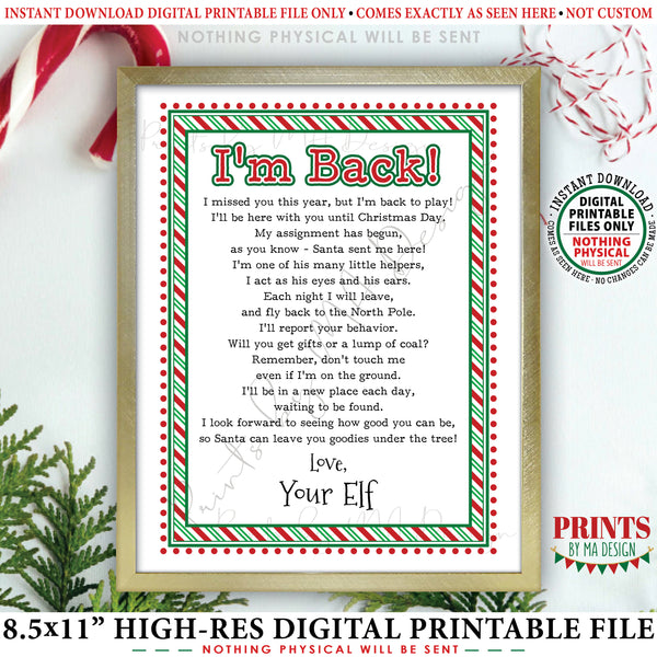 Welcome Back Letter to Kids from their Christmas Elf, Santa's Elf Hello Letter, I'm Back, Elf has Returned, Instant Download PRINTABLE 8.5x11” Sign