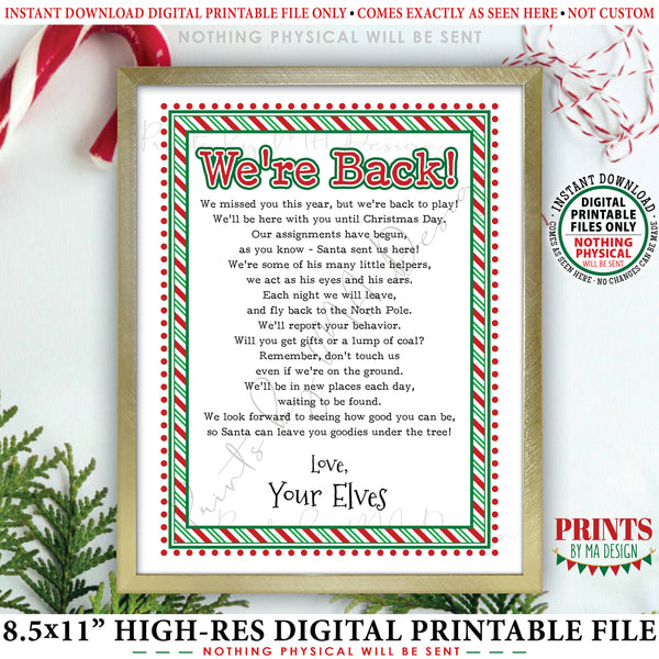 Welcome Back Letter to Kids from their Christmas Elves, We're Back Elf Letter, Santa's Elves have Returned, Instant Download PRINTABLE 8.5x11” Sign