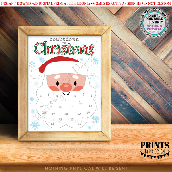 Countdown to Christmas, Glue Cotton Balls on Santa's Beard Countdown Calendar, Instant Download PRINTABLE 8.5x11” Xmas Santa Countdown Sign