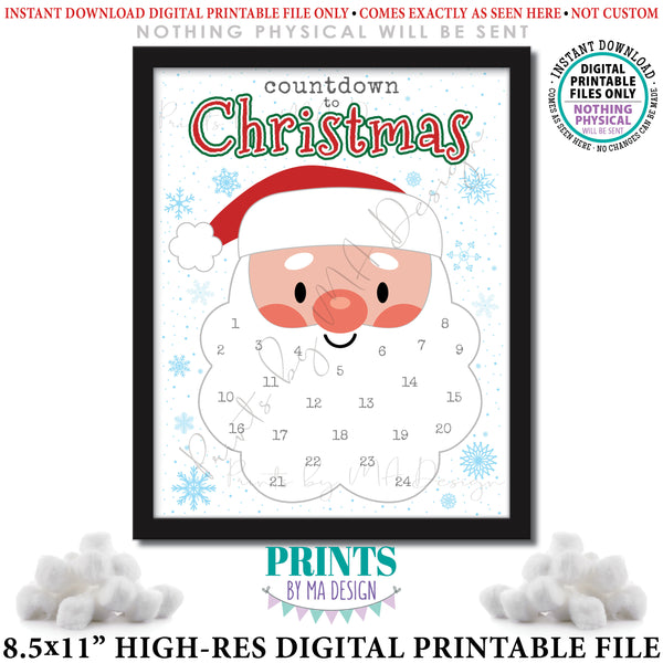 Countdown to Christmas, Glue Cotton Balls on Santa's Beard Countdown Calendar, Instant Download PRINTABLE 8.5x11” Xmas Santa Countdown Sign