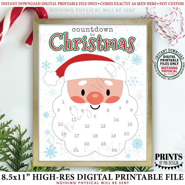 Countdown to Christmas, Glue Cotton Balls on Santa's Beard Countdown Calendar, Instant Download PRINTABLE 8.5x11” Xmas Santa Countdown Sign