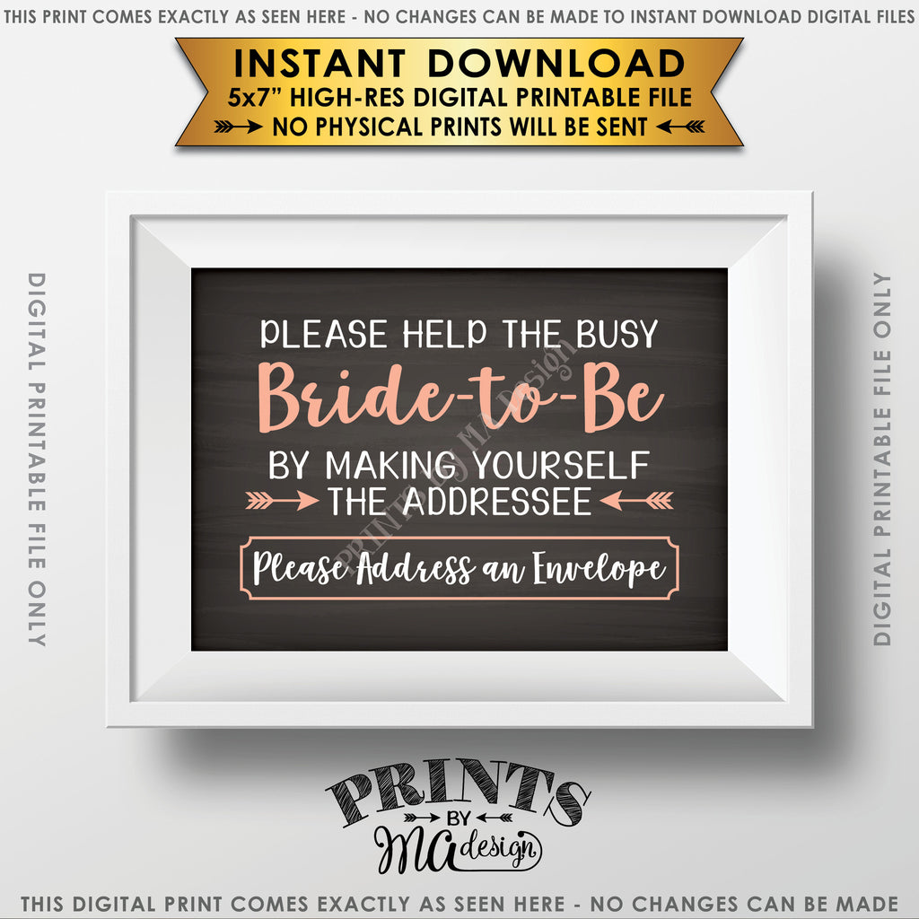 Address Envelope Bridal Shower Sign, Help the Bride by Addressing an Envelope, Be the Addressee, White & Peach Text, Chalkboard Style Instant Download 5x7” Printable Sign - PRINTSbyMAdesign