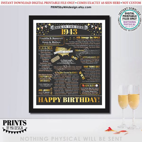 Back in the Year 1943 Birthday Sign, Flashback to 1943 Poster Board, ‘43 B-day Gift, Bday Decoration, PRINTABLE 16x20” Sign, Instant Download Digital Printable File