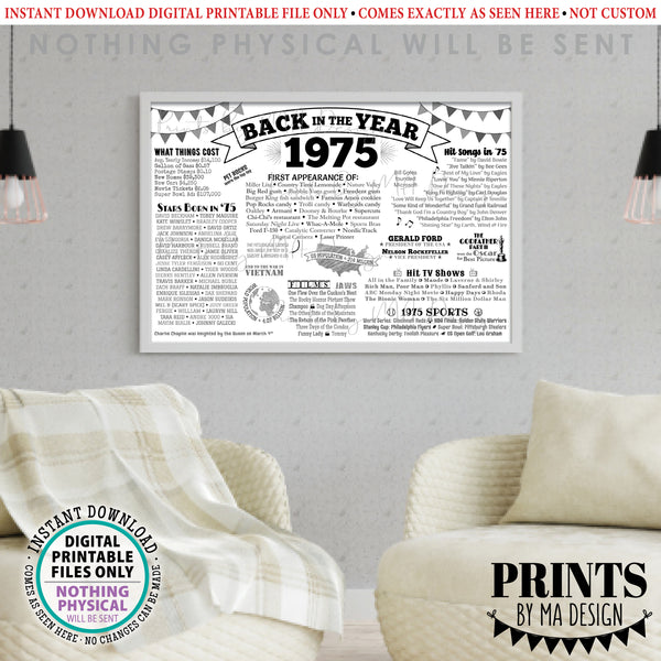 Back in the Year 1975 Poster, Remember 1975 Banner, Flashback to 1975 USA History from 1975, PRINTABLE 4'x6' (48"x72") Sign, Instant Download Digital Printable File