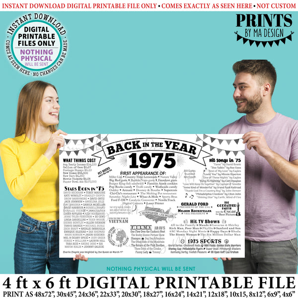 Back in the Year 1975 Poster, Remember 1975 Banner, Flashback to 1975 USA History from 1975, PRINTABLE 4'x6' (48"x72") Sign, Instant Download Digital Printable File