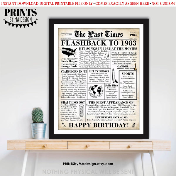 Flashback to 1983 Newspaper, Back in the Year '83 B-day Gift, Bday Party Decoration, PRINTABLE 16x20” 1983 Birthday Sign, Old Newsprint, Newspaper Style, Instant Download Digital Printable File