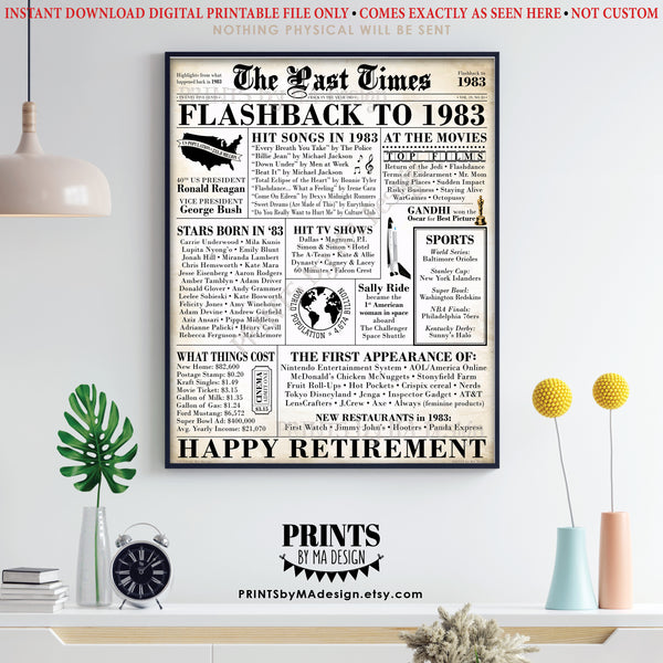 Back in the Year 1983 Retirement Party Poster Board, Flashback to 1983 Sign, PRINTABLE 16x20” Newspaper Style Decoration, Old Newsprint, Instant Download Digital Printable File