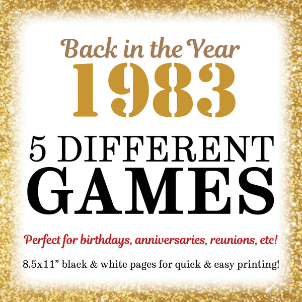 1983 Party Games, Back in the Year 1983 Trivia, Flashback to '83 Games Bundle, Birthday Anniversary Reunion, 5 PRINTABLE 8.5x11" Games