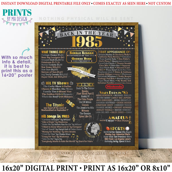 Back in the Year 1985 Poster Board, Remember 1985 Sign, Flashback to 1985 USA History from 1985, PRINTABLE 16x20” Sign, Instant Download Digital Printable File