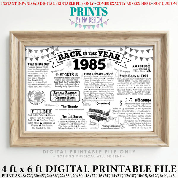 Back in the Year 1985 Poster, Remember 1985 Banner, Flashback to 1985 USA History from 1985, PRINTABLE 4'x6' (48"x72") Sign, Instant Download Digital Printable File