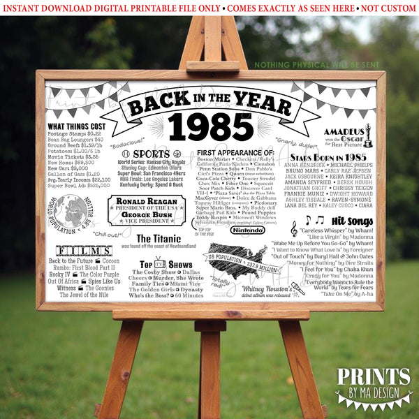 Back in the Year 1985 Poster, Remember 1985 Banner, Flashback to 1985 USA History from 1985, PRINTABLE 4'x6' (48"x72") Sign, Instant Download Digital Printable File