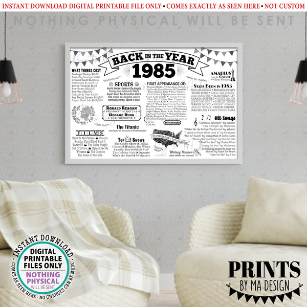 Back in the Year 1985 Poster, Remember 1985 Banner, Flashback to 1985 USA History from 1985, PRINTABLE 4'x6' (48"x72") Sign, Instant Download Digital Printable File