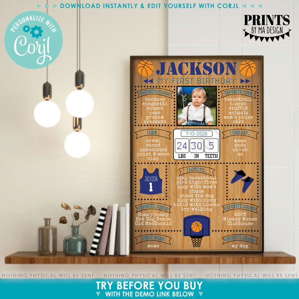 Editable Basketball Birthday Board, Personalized Milestones Poster, One Custom PRINTABLE 24x36" 1st B-day Stats Sign (Edit Yourself with Corjl)