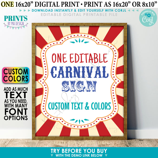 Custom Carnival Sign, Carnival Theme Party Sign, Circus Birthday Party, One Editable PRINTABLE 8x10/16x20” Portrait Sign (Edit Yourself with Corjl)