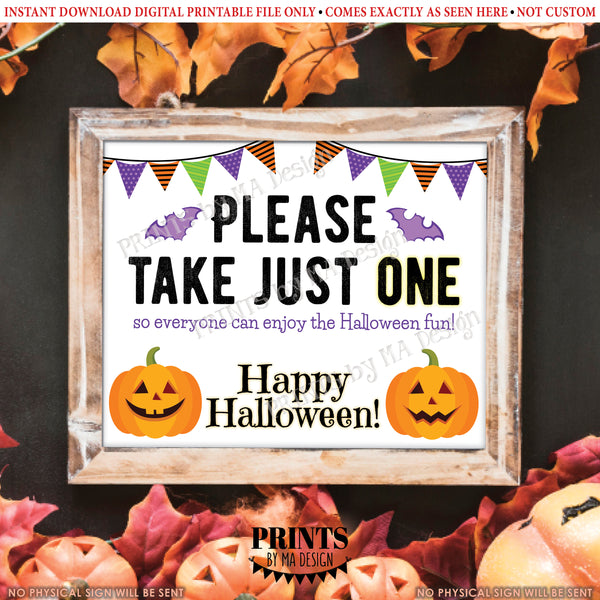 Please Take One Sign, Happy Halloween Sign, Candy, Jack-O-Lantern Pumpkin, PRINTABLE 8x10/16x20” One Treat Sign, Instant Download Digital Printable File