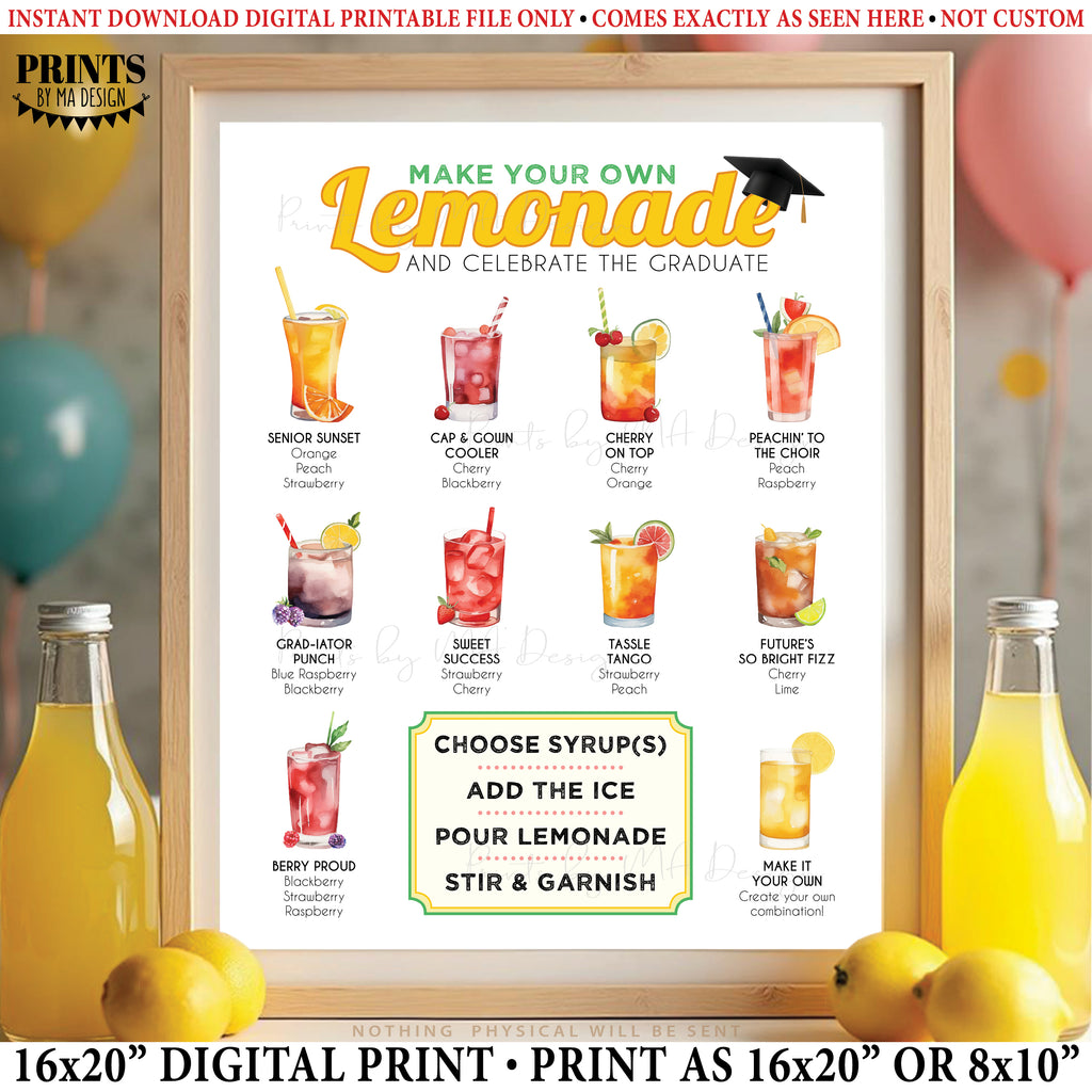 Graduation Party Lemonade Menu, Lemonade Bar Drink Station, Celebrate the Graduate, Digital PRINTABLE 8x10/16x20” Grad Party Decoration, Instant Download Digital Printable File