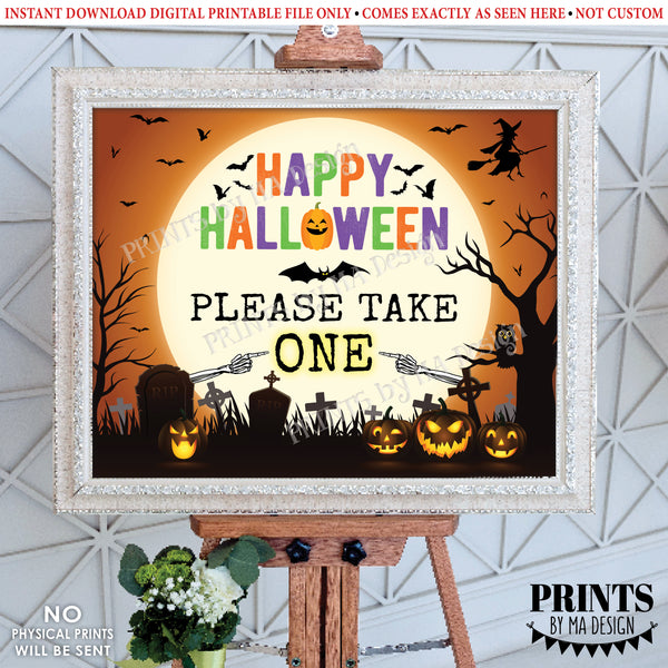 Please Take One Candy Sign, Happy Halloween Trick-Or-Treat Sign, Moon Bats Pumpkins, PRINTABLE 8x10/16x20” Please Take a Treat Sign, Instant Download Digital Printable File