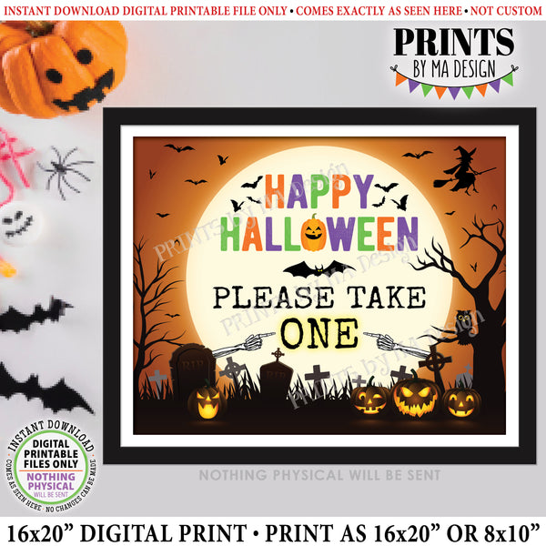Please Take One Candy Sign, Happy Halloween Trick-Or-Treat Sign, Moon Bats Pumpkins, PRINTABLE 8x10/16x20” Please Take a Treat Sign, Instant Download Digital Printable File