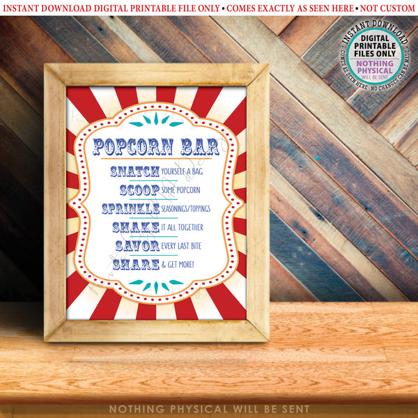 Carnival Popcorn Bar Sign, Popcorn Toppings, Directions, Circus Festival, Birthday, Graduation, Retirement, PRINTABLE 8x10/16x20” Sign, Instant Download Digital Printable File