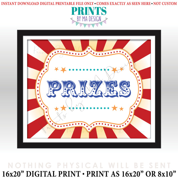 Carnival Prizes Sign, Carnival Party, Circus Games, Circus Birthday Party, Festival Activities, PRINTABLE 8x10/16x20” Prize Sign, Instant Download Digital Printable File