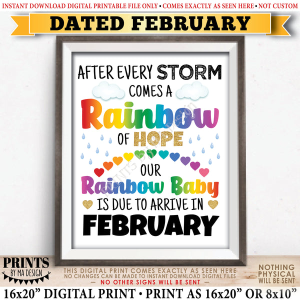 Rainbow Baby Pregnancy Announcement, Pregnant After Loss, Our Baby is Due in FEBRUARY Dated PRINTABLE 8x10/16x20” Pregnancy Reveal Sign, Instant Download Digital Printable File