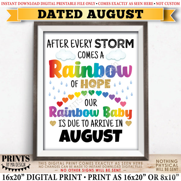 Rainbow Baby Pregnancy Announcement, Pregnant After Loss, Our Baby is Due in AUGUST Dated PRINTABLE 8x10/16x20” Pregnancy Reveal Sign, Instant Download Digital Printable File
