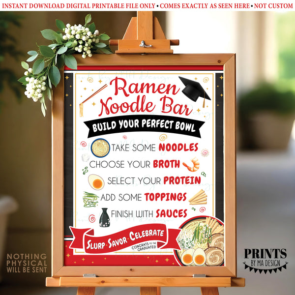Ramen Noodle Bar Sign, Build Your Own Noodle Bowl Directions, Party Food Station Buffet Sign, Red PRINTABLE 8x10/16x20” Sign, Graduation Party, Instant Download Digital Printable File (Copy) (Copy)