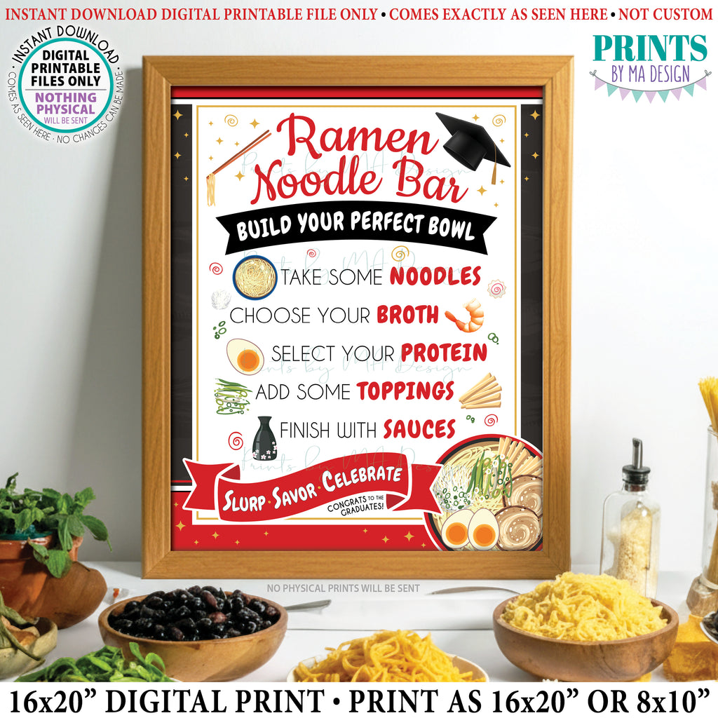 Ramen Noodle Bar Sign, Build Your Own Noodle Bowl Directions, Party Food Station Buffet Sign, Red PRINTABLE 8x10/16x20” Sign, Graduation Party, Instant Download Digital Printable File (Copy) (Copy)