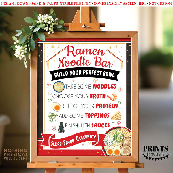 Ramen Noodle Bar Sign, Build Your Own Noodle Bowl Directions, Party Food Station Buffet Sign, Teacher Appreciation, Red PRINTABLE 8x10/16x20” Sign, Instant Download Digital Printable File