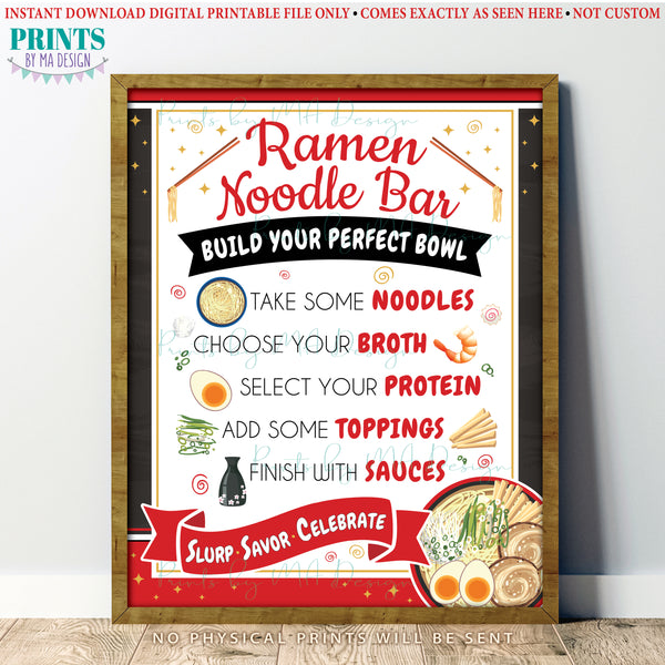 Ramen Noodle Bar Sign, Build Your Own Noodle Bowl Directions, Party Food Station Buffet Sign, Teacher Appreciation, Red PRINTABLE 8x10/16x20” Sign, Instant Download Digital Printable File