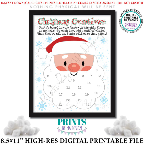 Countdown to Christmas, Glue Cotton Balls on Santa's Beard Countdown Calendar, Instant Download PRINTABLE 8.5x11” Xmas Sign