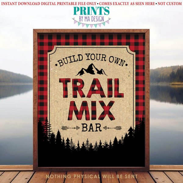 Trail Mix Bar Sign, Build Your Own Trail Mix Lumberjack Style Sign, Red Checker Buffalo Plaid, Red & Black Checker Buffalo Plaid, PRINTABLE 8x10/16x20” Sign, Instant Download Digital Printable File