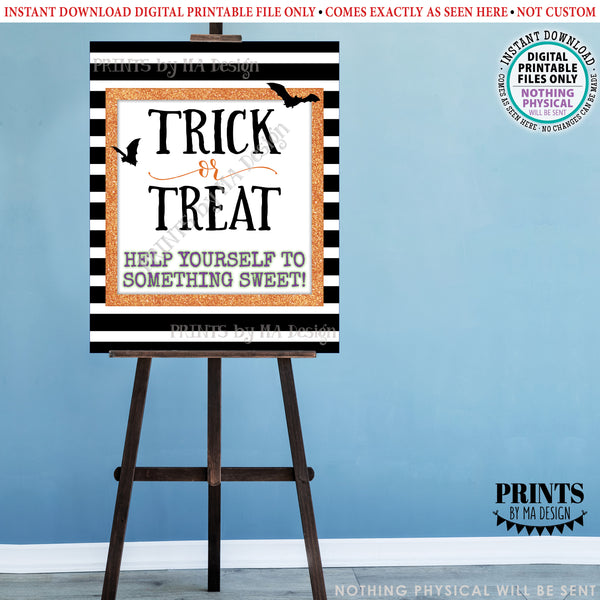 Trick or Treat Help Yourself to Something Sweet, Please Take Some Halloween Candy, PRINTABLE 8x10/16x20” Orange Glitter Treat Sign, Instant Download Digital Printable File