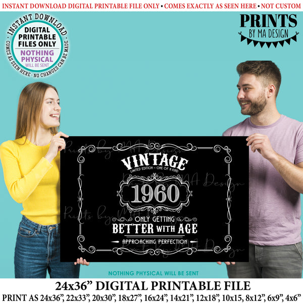 1960 Birthday Sign, Vintage Better with Age Poster, Whiskey Theme Decoration, PRINTABLE 24x36” Black & White Landscape 1960, Instant Download Digital Printable File