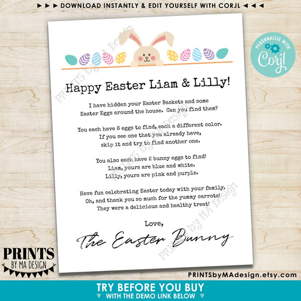 Editable Easter Sign, Letter from Easter Bunny, Eggs, Choose Your Text, One Custom PRINTABLE 8.5x11” Portrait Sign (Edit Yourself w/Corjl)