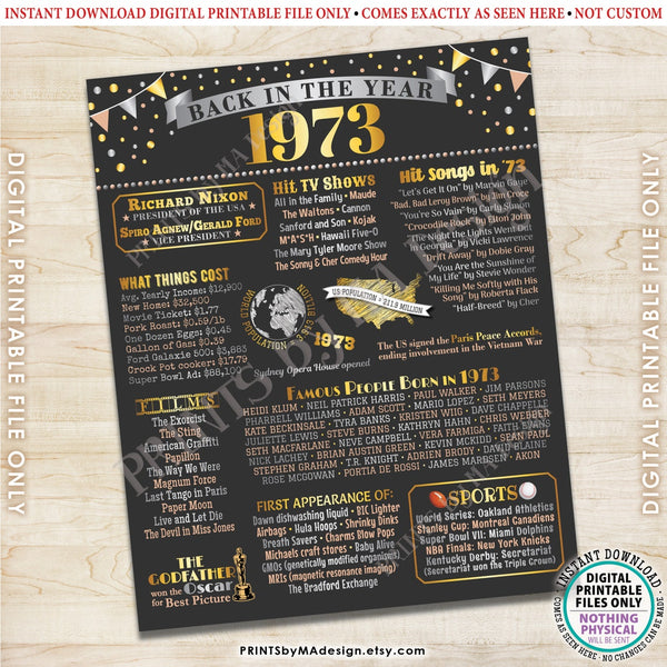 Back in the Year 1973 Poster Board, Remember 1973 Sign, Flashback to 1973 USA History from 1973, PRINTABLE 16x20” Sign, Instant Download Digital Printable File
