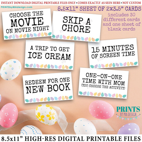 PRINTABLE Easter Egg Coupons, Easter Egg Fillers, Egg Hunt Candy Alternative, 2x3.5" cards on 8.5x11" Sheet, Instant Download