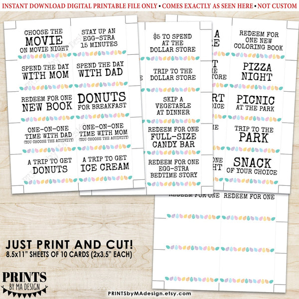 PRINTABLE Easter Egg Coupons, Easter Egg Fillers, Egg Hunt Candy Alternative, 2x3.5" cards on 8.5x11" Sheet, Instant Download