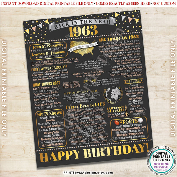Back in the Year 1963 Birthday Sign, Flashback to 1963 Poster Board, ‘63 B-day Gift, Bday Decoration, PRINTABLE 16x20” Sign