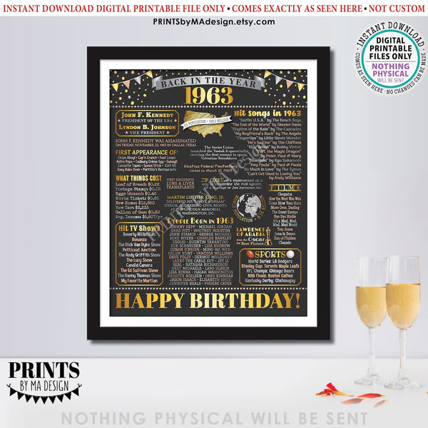 Back in the Year 1963 Birthday Sign, Flashback to 1963 Poster Board, ‘63 B-day Gift, Bday Decoration, PRINTABLE 16x20” Sign