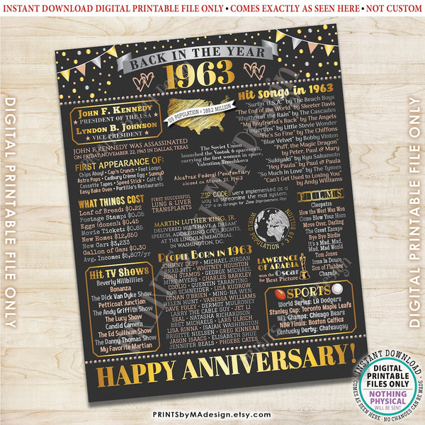 Back in the Year 1963 Anniversary Sign, Flashback to 1963 Anniversary Decor, Anniversary Gift, PRINTABLE 16x20” Poster Board
