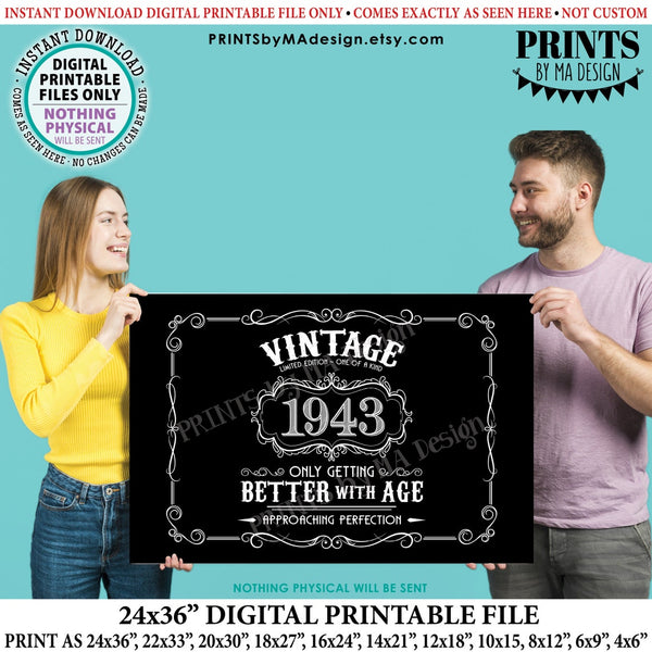 1943 Birthday Sign, Vintage Better with Age Poster, Whiskey Theme Decoration, PRINTABLE 24x36” Black & White Landscape 1943 Sign, Instant Download Digital Printable File