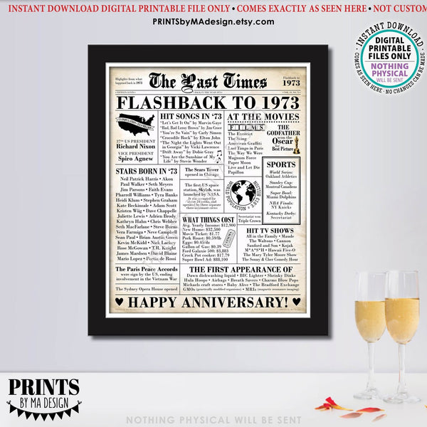 Flashback to 1973 Newspaper, Back in the Year '73 Gift, Anniversary Party Decoration, PRINTABLE 16x20” 1973 Wedding Sign, Old Newsprint, Instant Download Digital Printable File