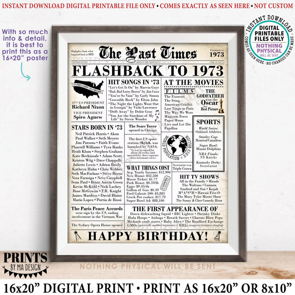 Flashback to 1973 Newspaper, Back in the Year '73 B-day Gift, Bday Party Decoration, PRINTABLE 16x20” 1973 Birthday Sign, Old Newsprint, Instant Download Digital Printable File
