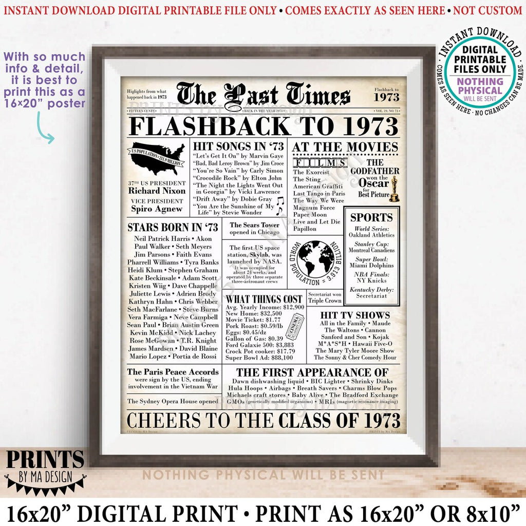 Flashback to 1973 Newspaper, Back in the Year 1973 Class Reunion Decoration, PRINTABLE 16x20” Class of ’73 Sign, Old Newsprint, Instant Download Digital Printable File