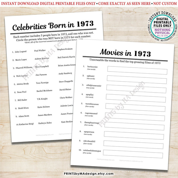 1973 Party Games, Back in the Year 1973 Trivia, Flashback to '73 Games Bundle, Birthday or Anniversary, Five PRINTABLE 8.5x11" Games