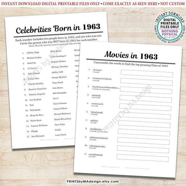 1963 Party Games, Back in the Year 1963 Trivia, Flashback to '63 Games Bundle, Birthday or Anniversary, Five PRINTABLE 8.5x11" Games