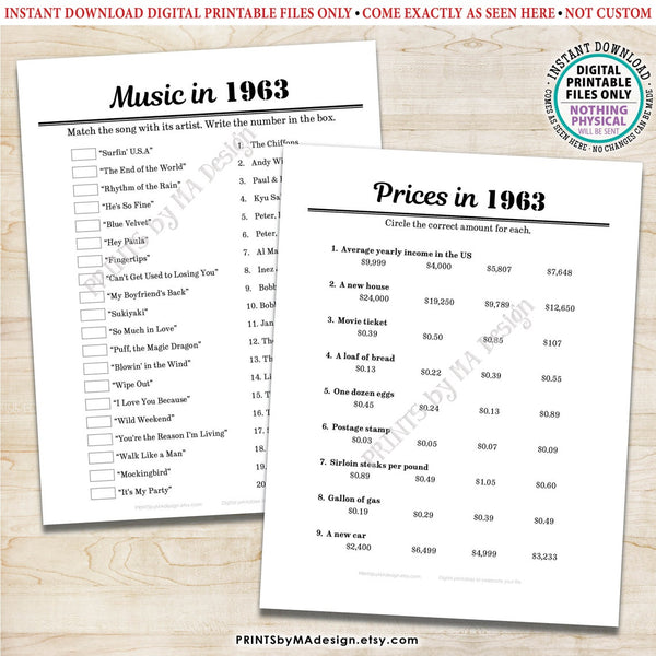 1963 Party Games, Back in the Year 1963 Trivia, Flashback to '63 Games Bundle, Birthday or Anniversary, Five PRINTABLE 8.5x11" Games